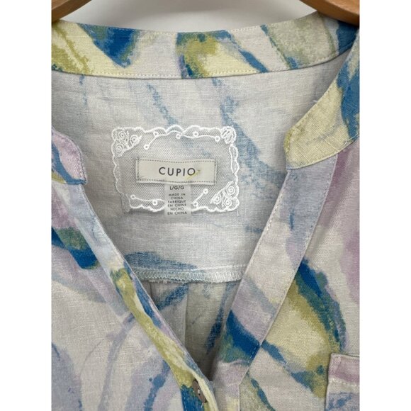 Cupio Womens top tunic Linen size large Blouse V-Neck Pocket Pastel Watercolor - Picture 3 of 5